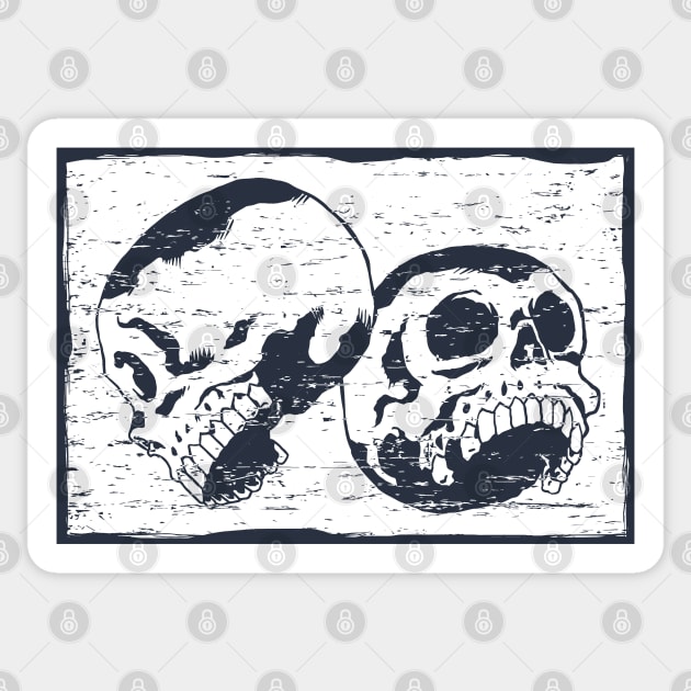 Twin Skulls Retro Black Distressed Lineart Skulls Sticker TeePublic
